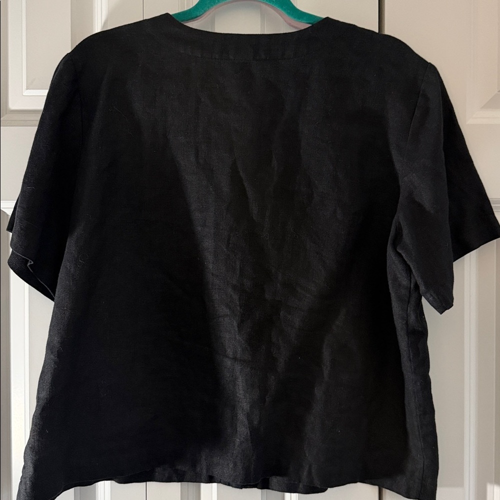 Orvis Retro Linen Shirt Button Front Cropped Elevated Basic Black Lagenlook L - Picture 4 of 4